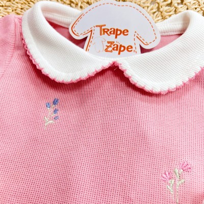  Macacão Tricotil (Tricot 100% Algodão) com Gola e Bordado - Rose Flores com Raminhos